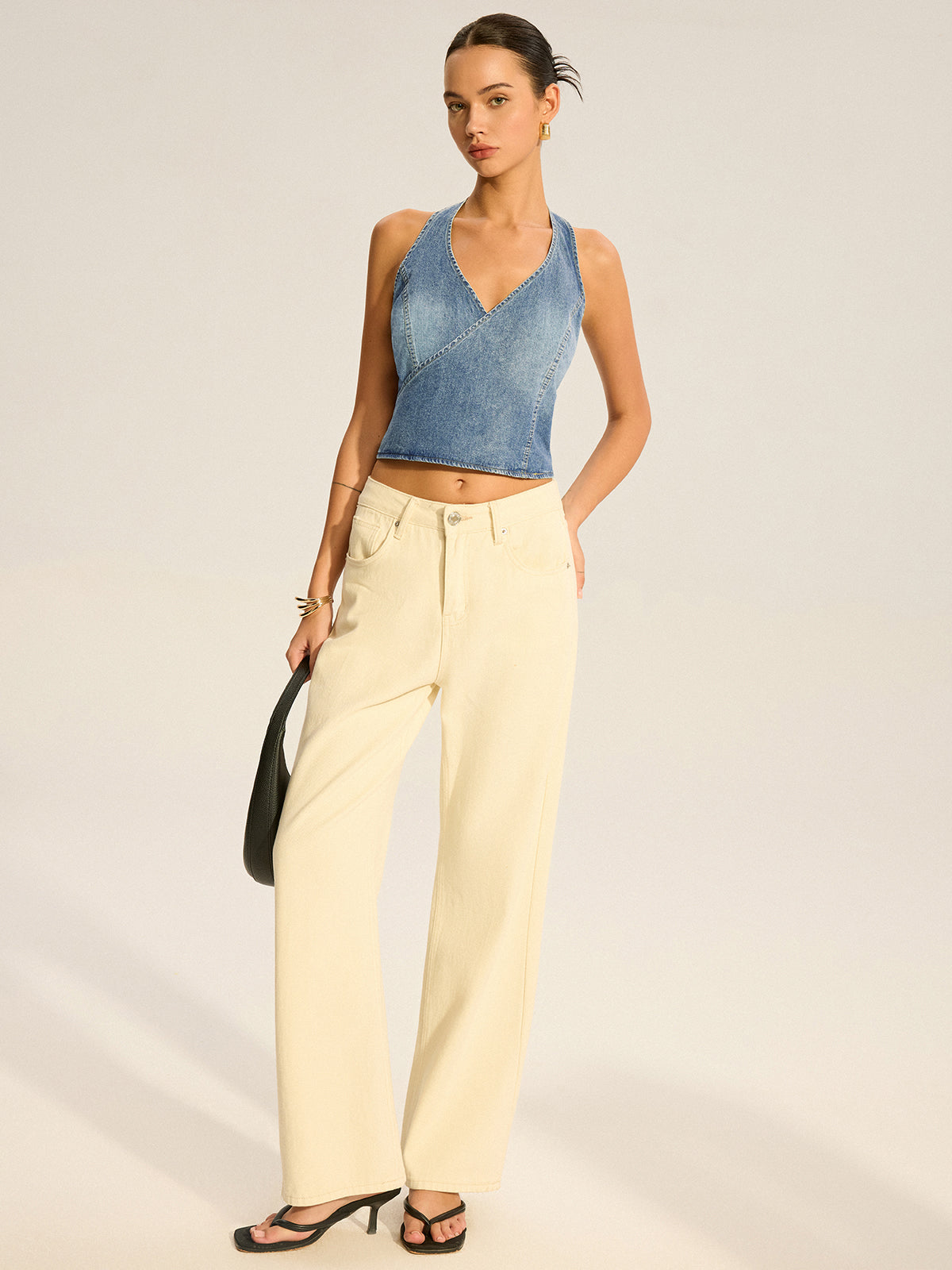 Denim Halter-Neck Wrap Top with Back Bow Detail