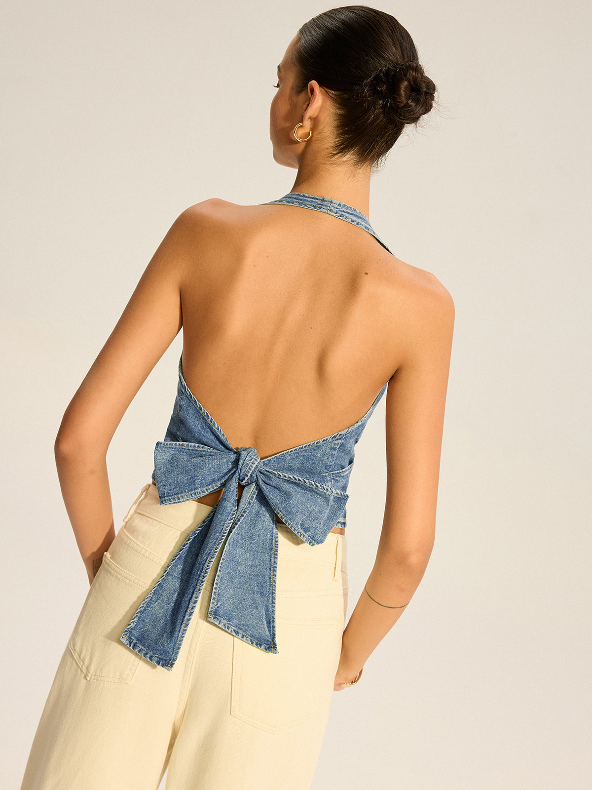 Denim Halter-Neck Wrap Top with Back Bow Detail