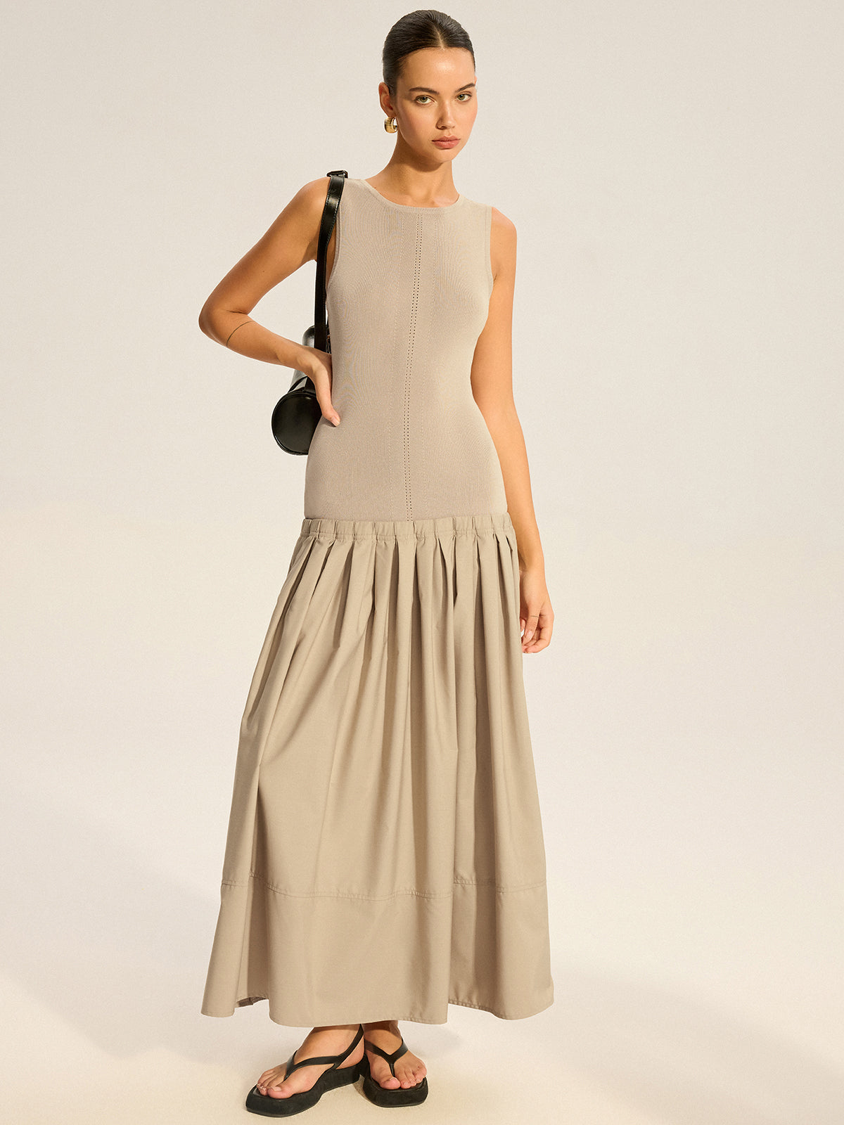 Sleeveless Knit-Top Pleated Midi Dress