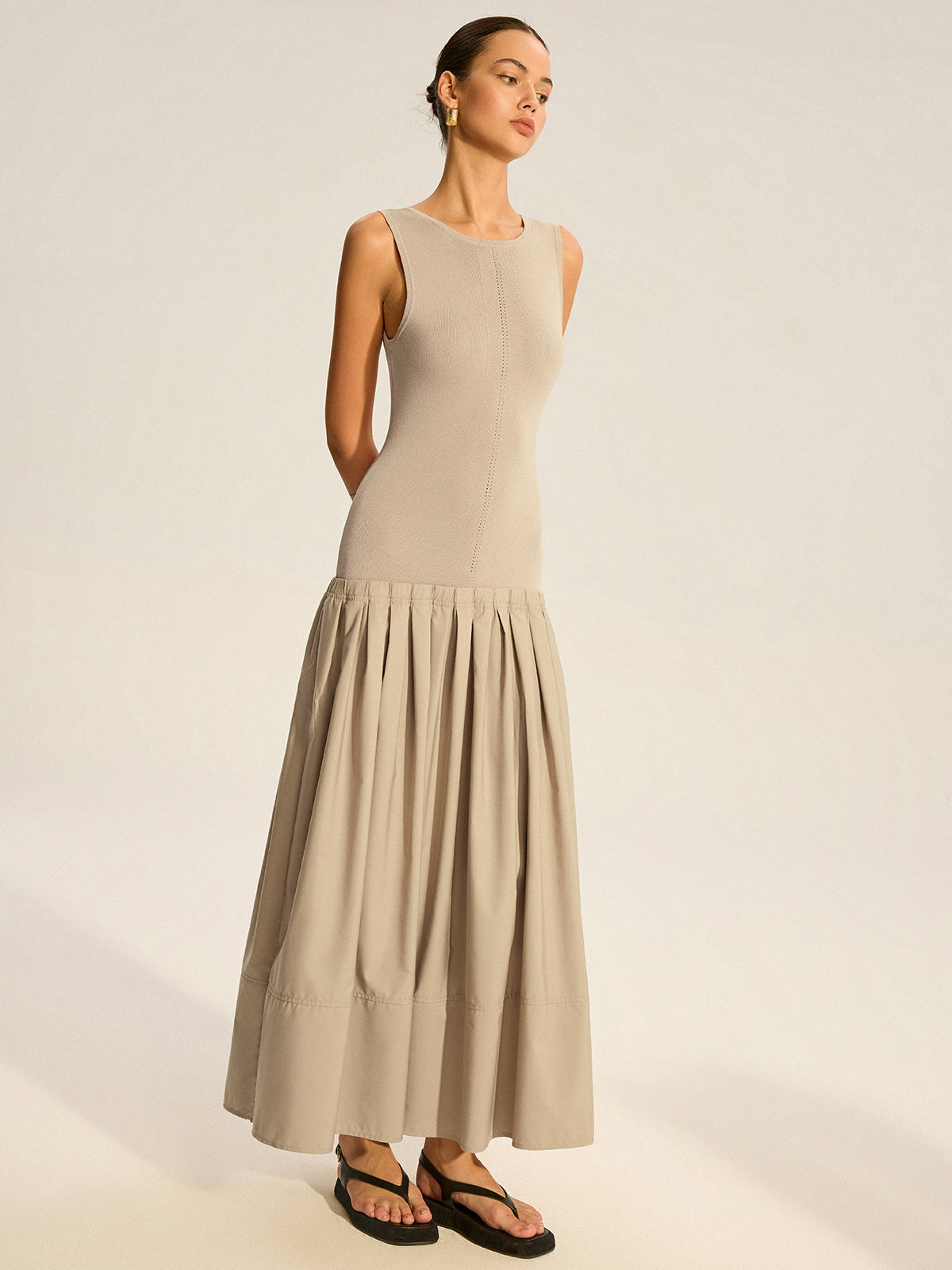 Sleeveless Knit-Top Pleated Midi Dress