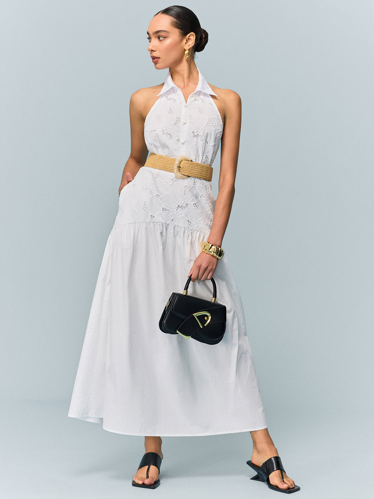 Pocketed Halter Neck Embroidered Dress with Non-Belted