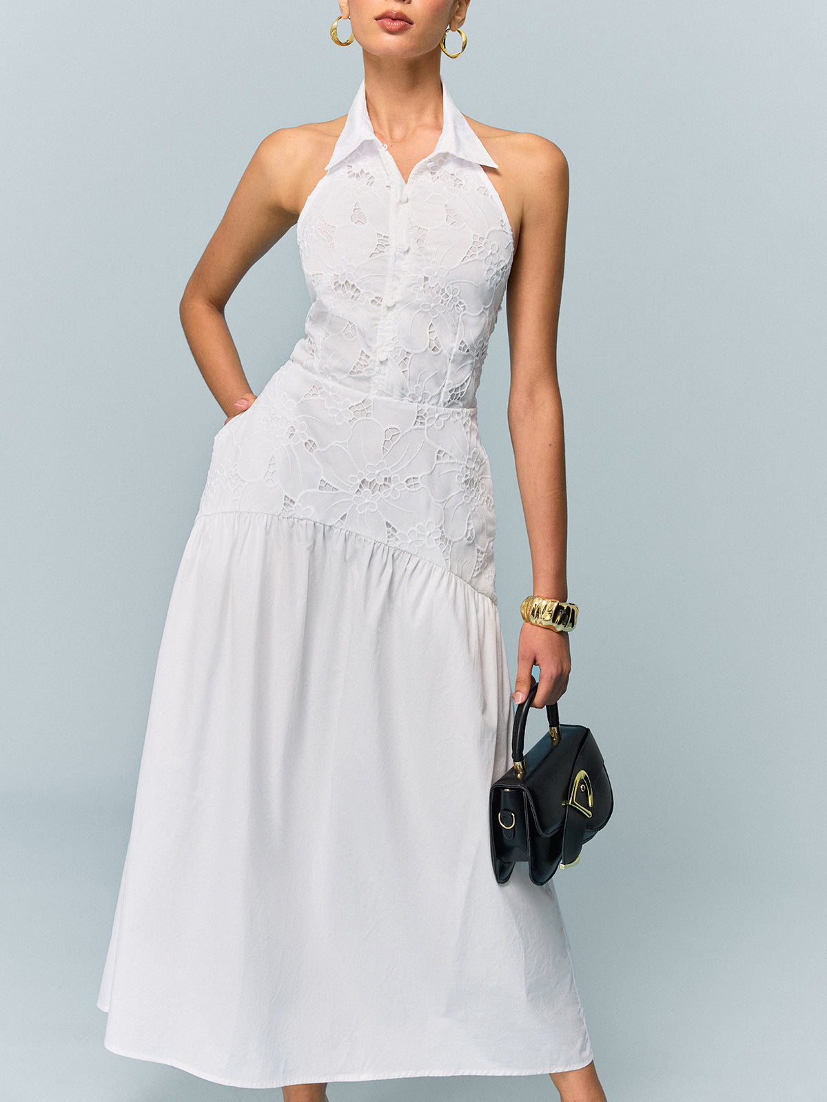Pocketed Halter Neck Embroidered Dress with Non-Belted