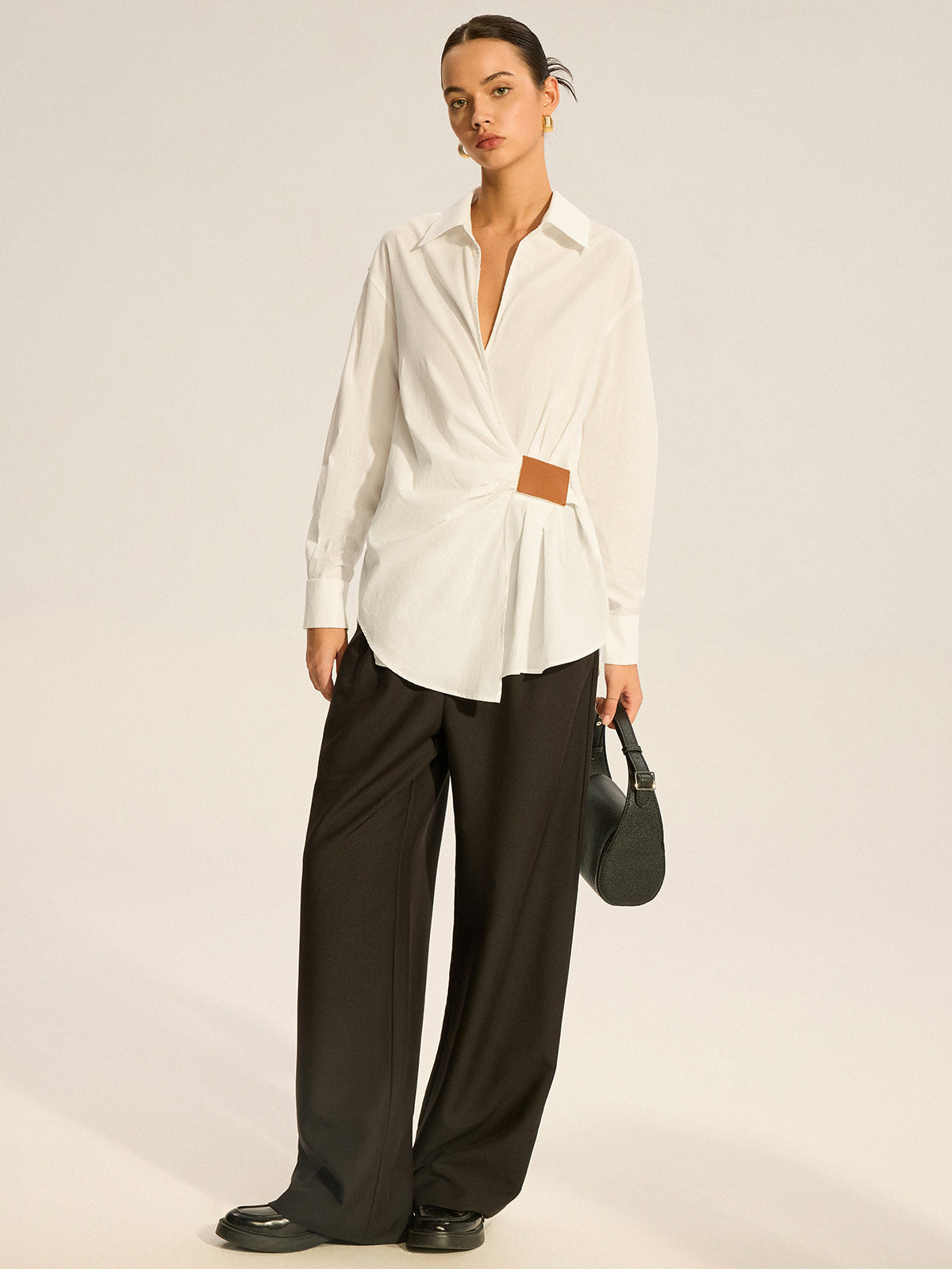Cotton Ruched Shirt with Faux Leather Detail