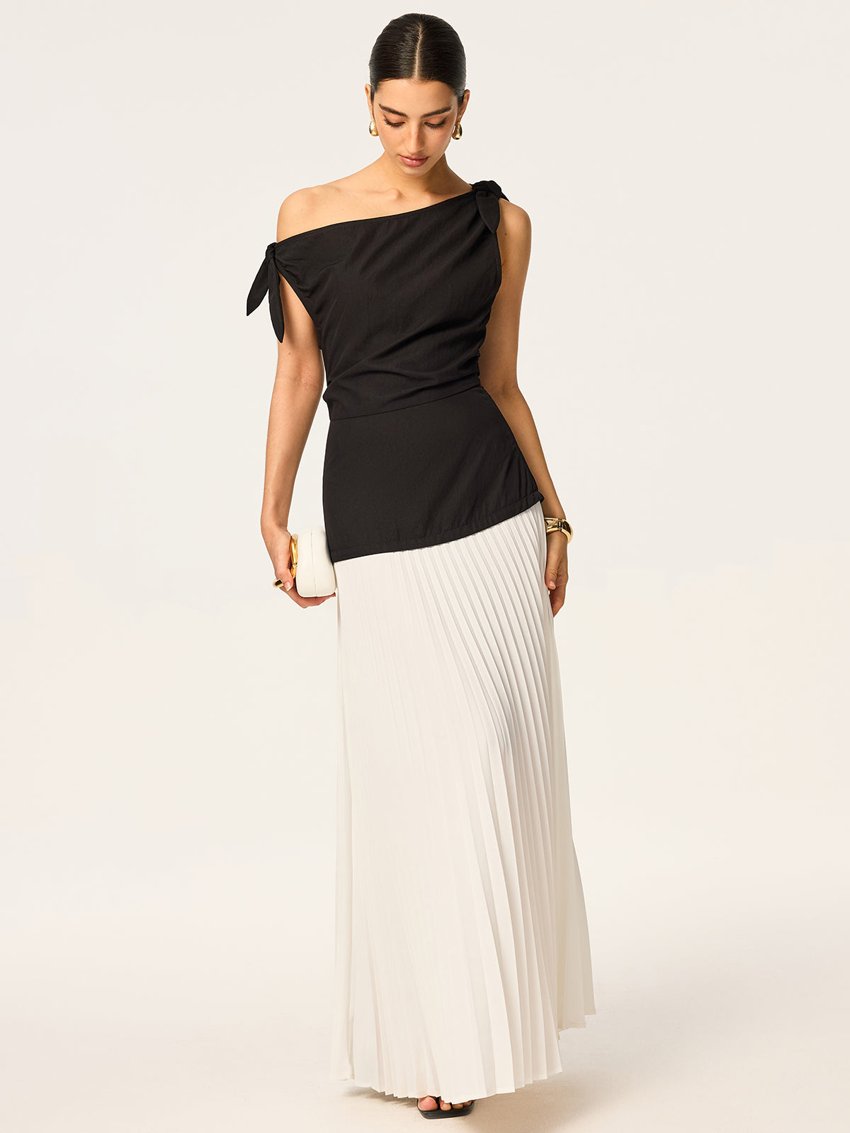 Asymmetric Pleated Maxi Dress with Bow Detail