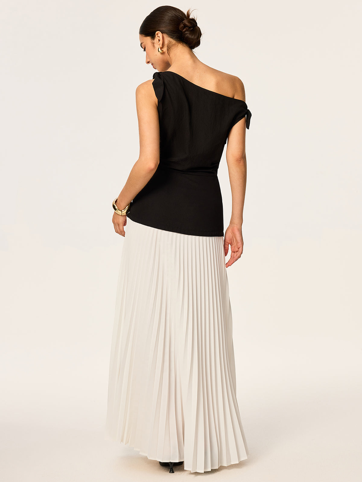 Asymmetric Pleated Maxi Dress with Bow Detail