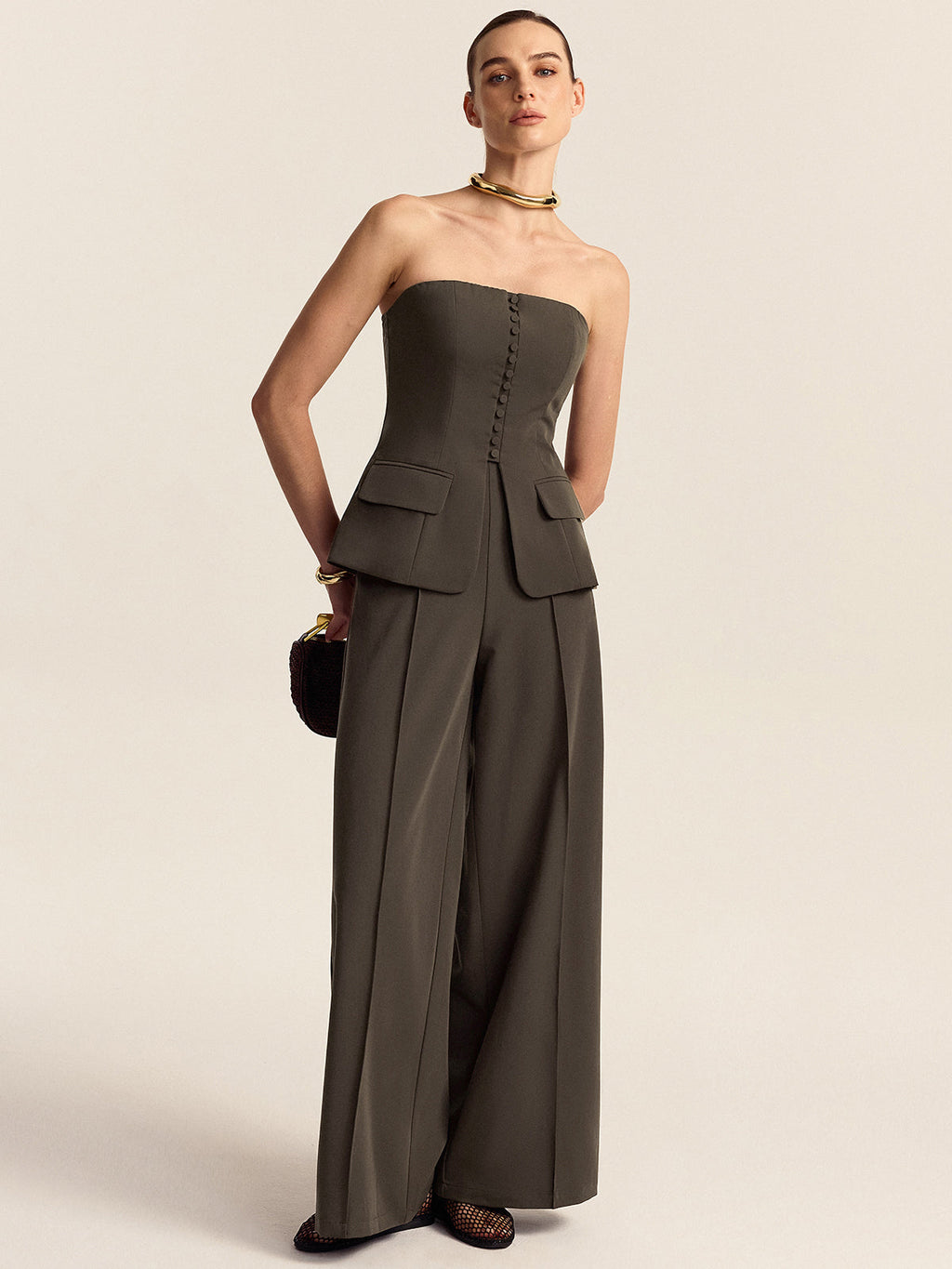 Strapless Top and Wide-Leg Pants Set