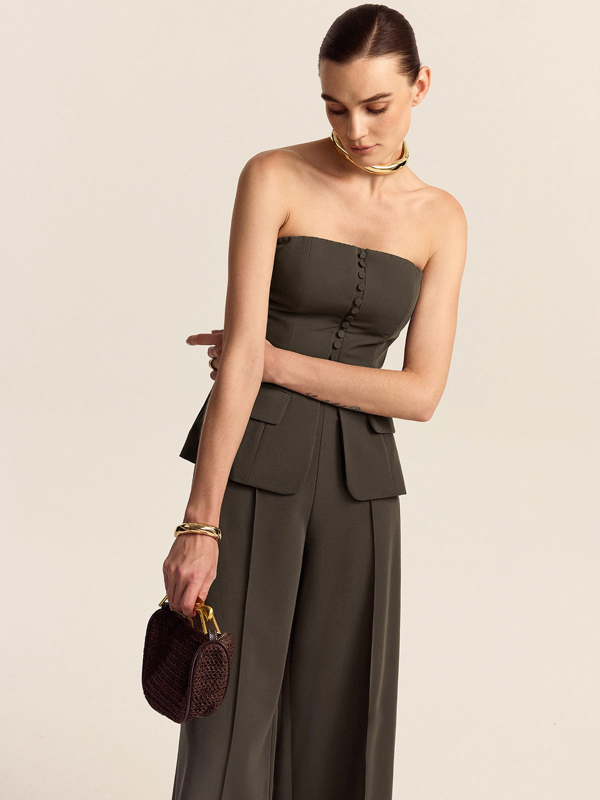 Strapless Top and Wide-Leg Pants Set