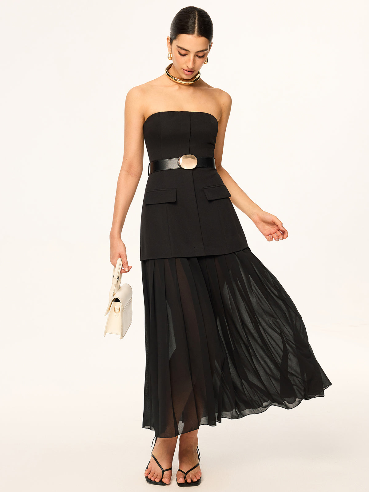 Semi-Sheer Strapless Belted Midi Dress with Chiffon Hem