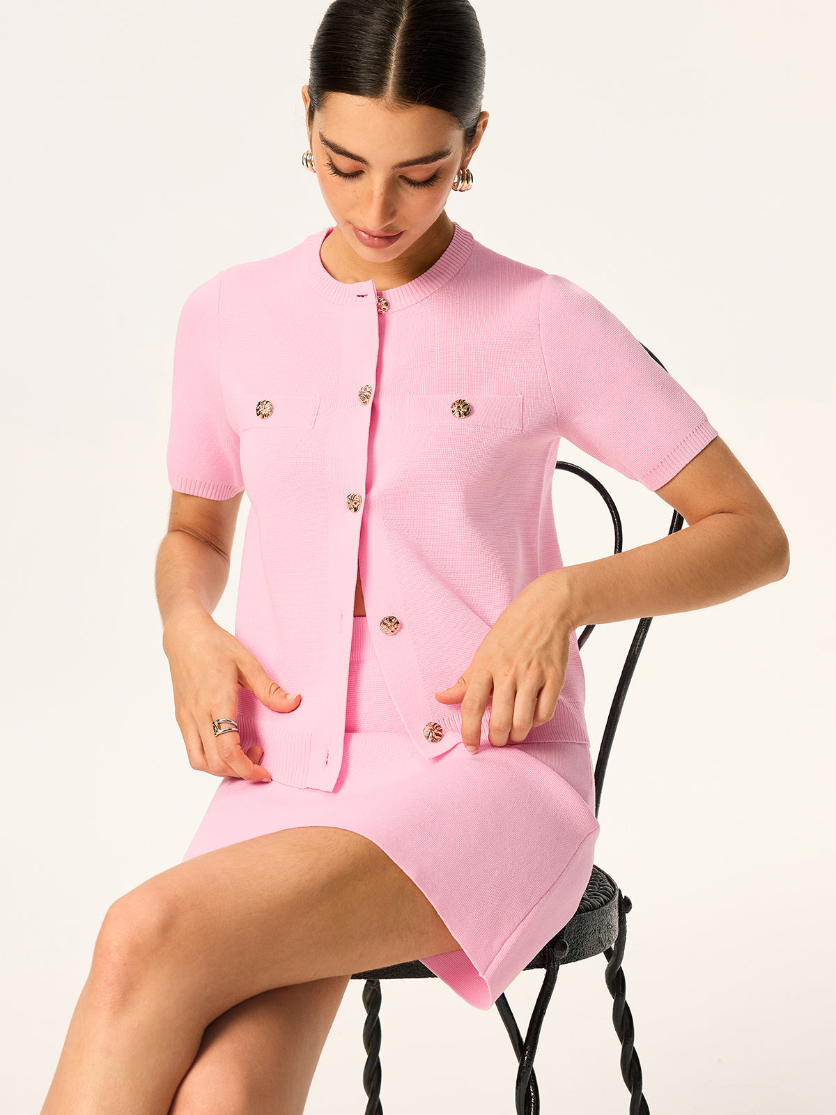 Knit Short-Sleeve Cardigan and Skirt Set