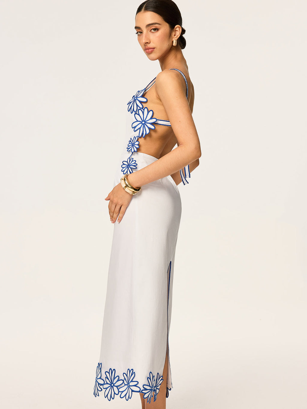 Semi-Sheer Floral Embroidery Back Bow Maxi Dress
