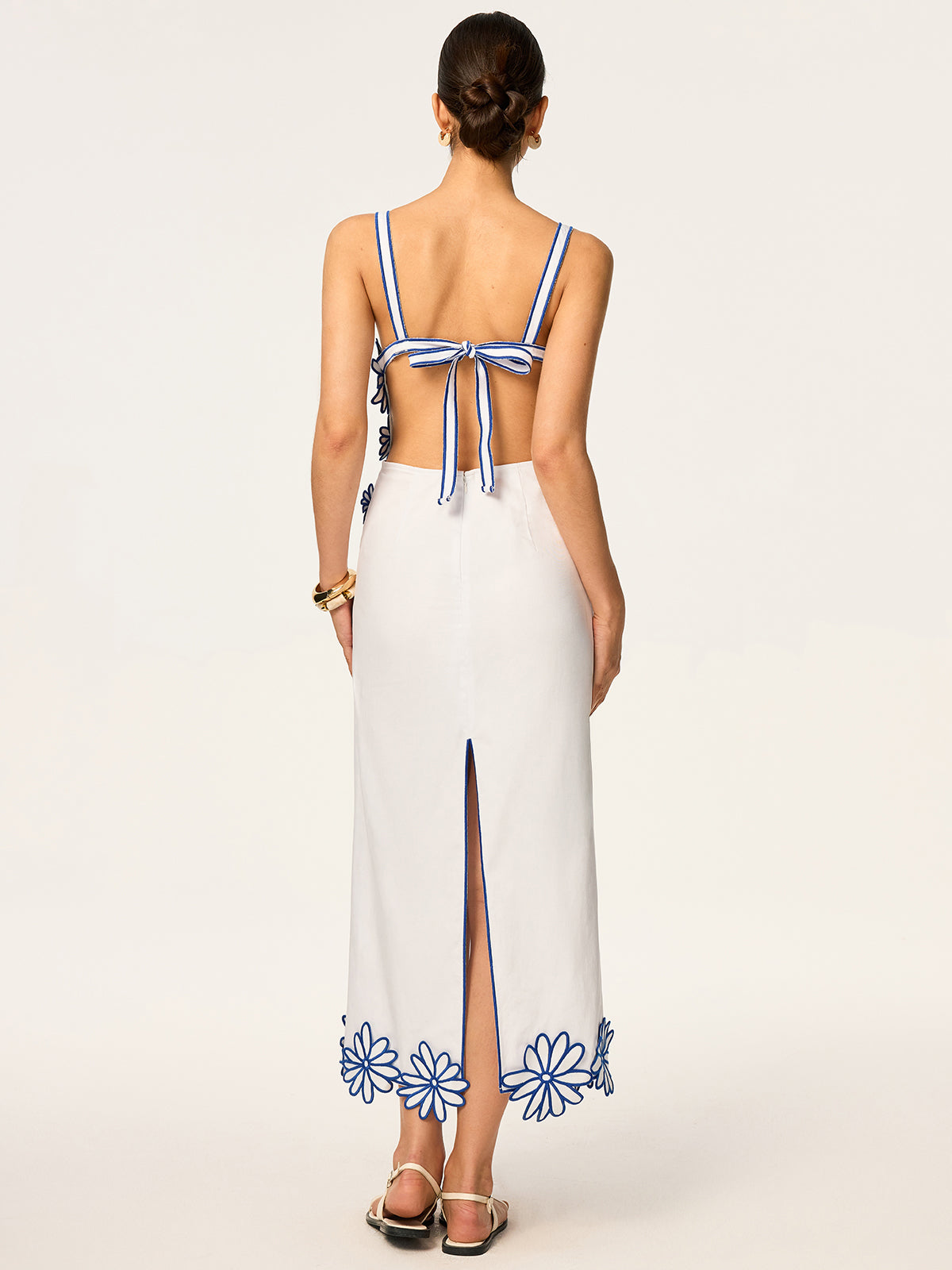 Semi-Sheer Floral Embroidery Back Bow Maxi Dress