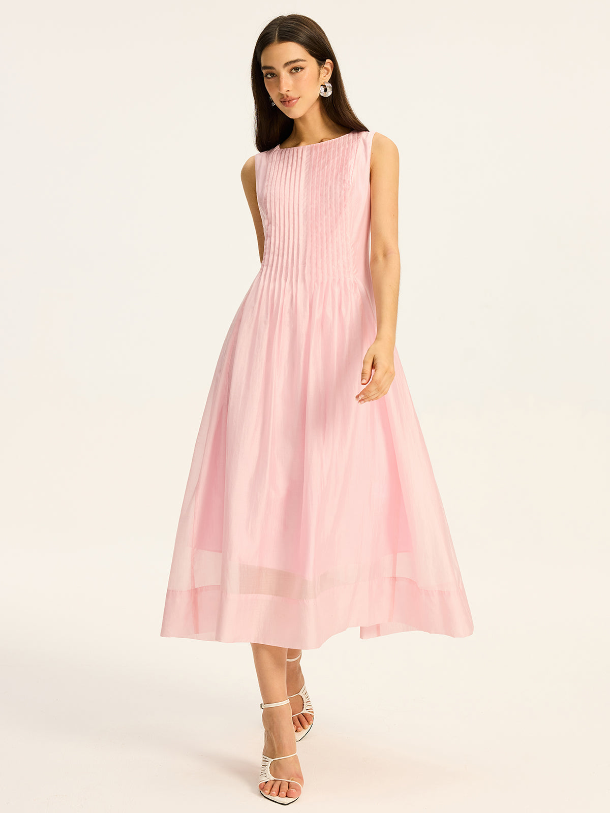 Robe midi plissée sans manches en Tencel semi-transparent 