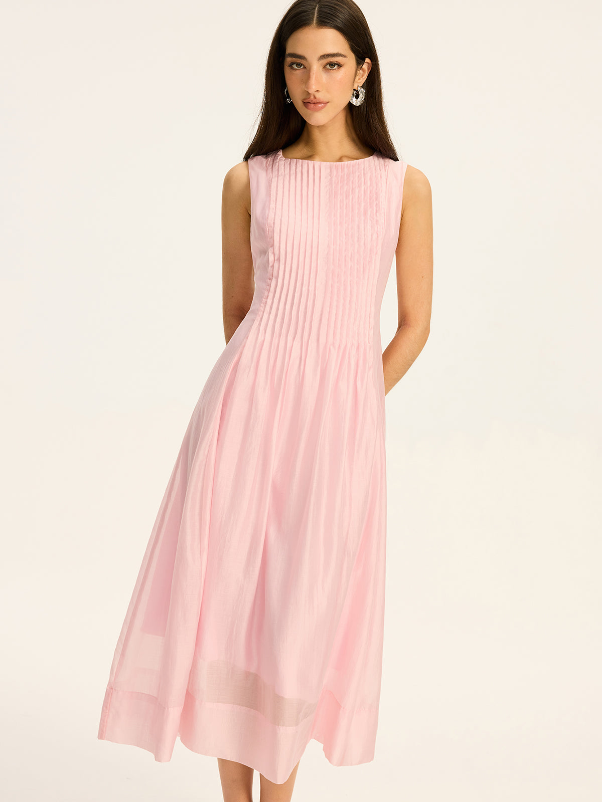 Robe midi plissée sans manches en Tencel semi-transparent 