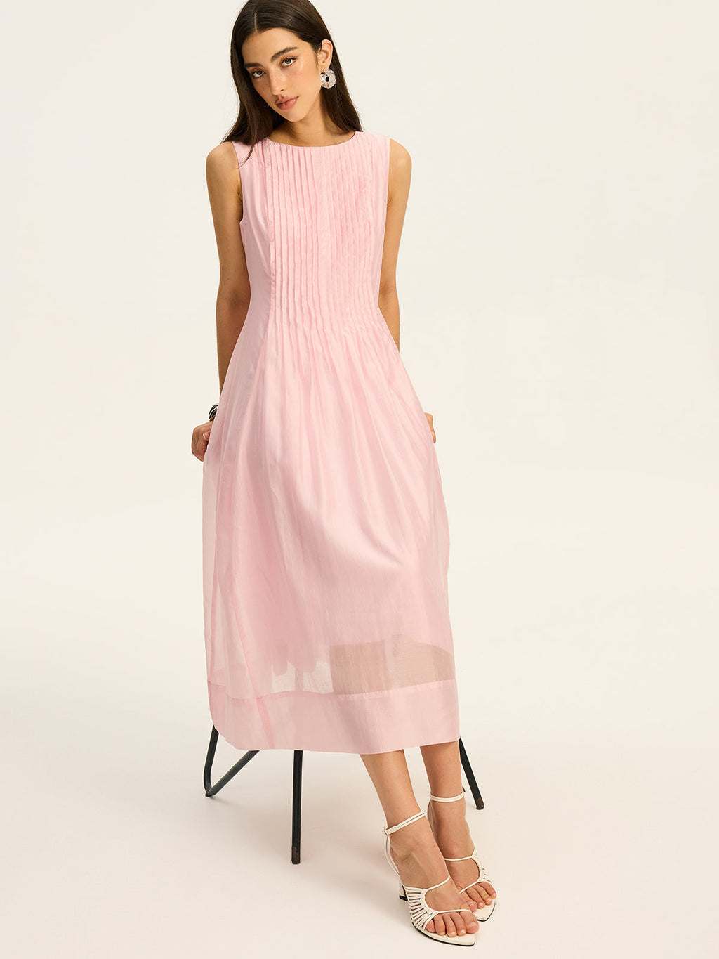 Robe midi sans manches plissée en Tencel semi-transparent
