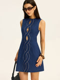 Robe Courte en Lin et Coton à Découpes et Surpiqûres Contrastantes