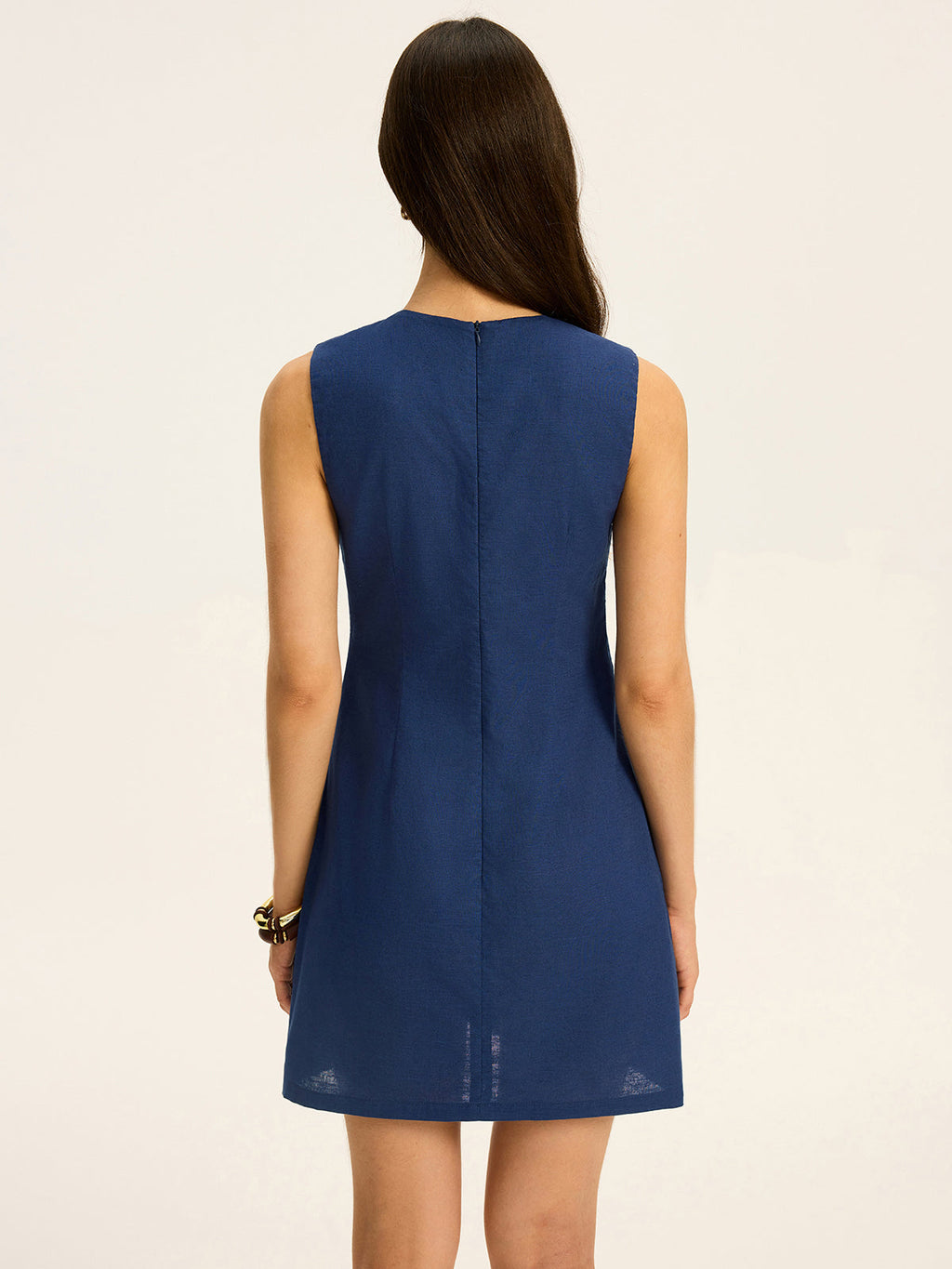 Robe Courte en Lin et Coton à Découpes et Surpiqûres Contrastantes
