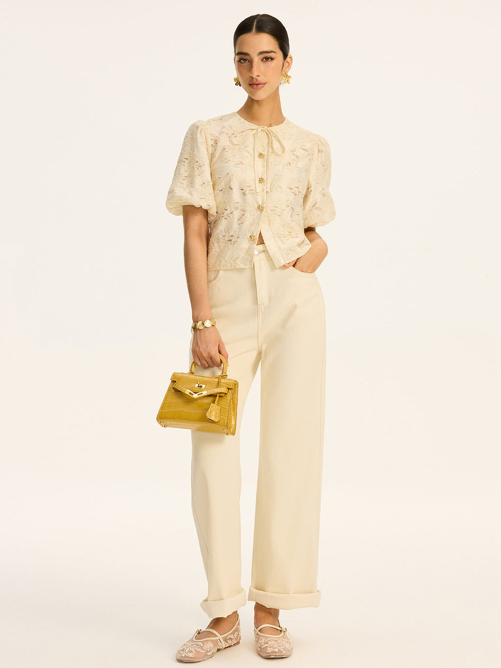 Semi-Sheer Jacquard Metal Button Cotton-Blend Top