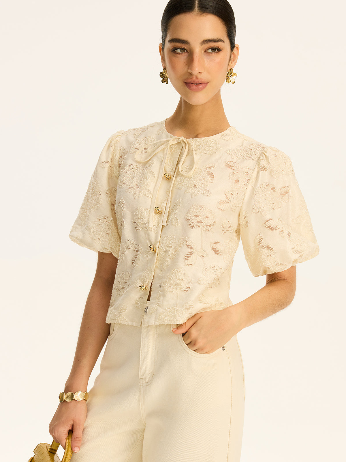 Semi-Sheer Jacquard Metal Button Cotton-Blend Top