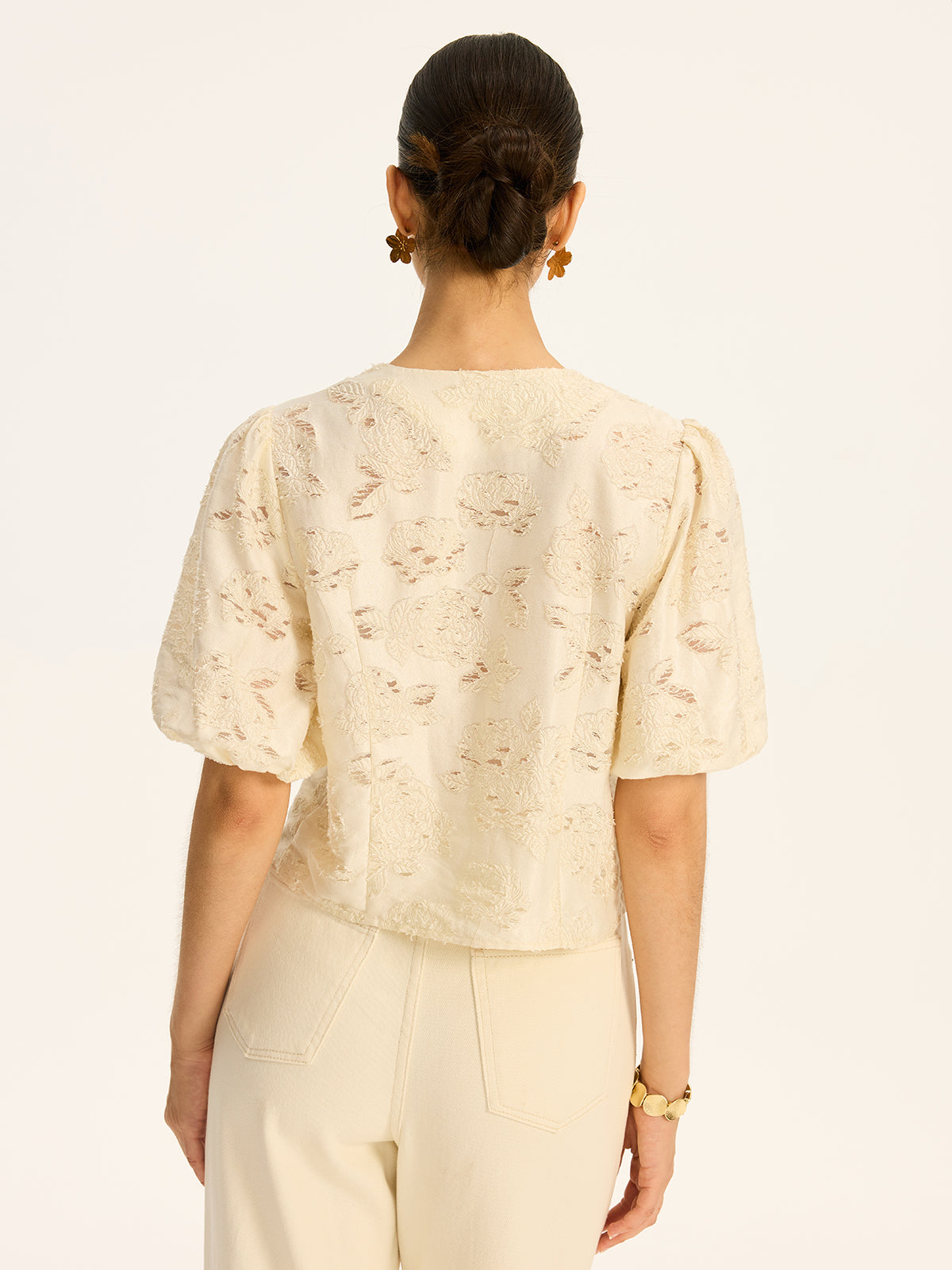 Semi-Sheer Jacquard Metal Button Cotton-Blend Top