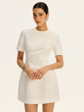 Short-Sleeved  Waist-Cinching Mini Dress with Decor Pockets