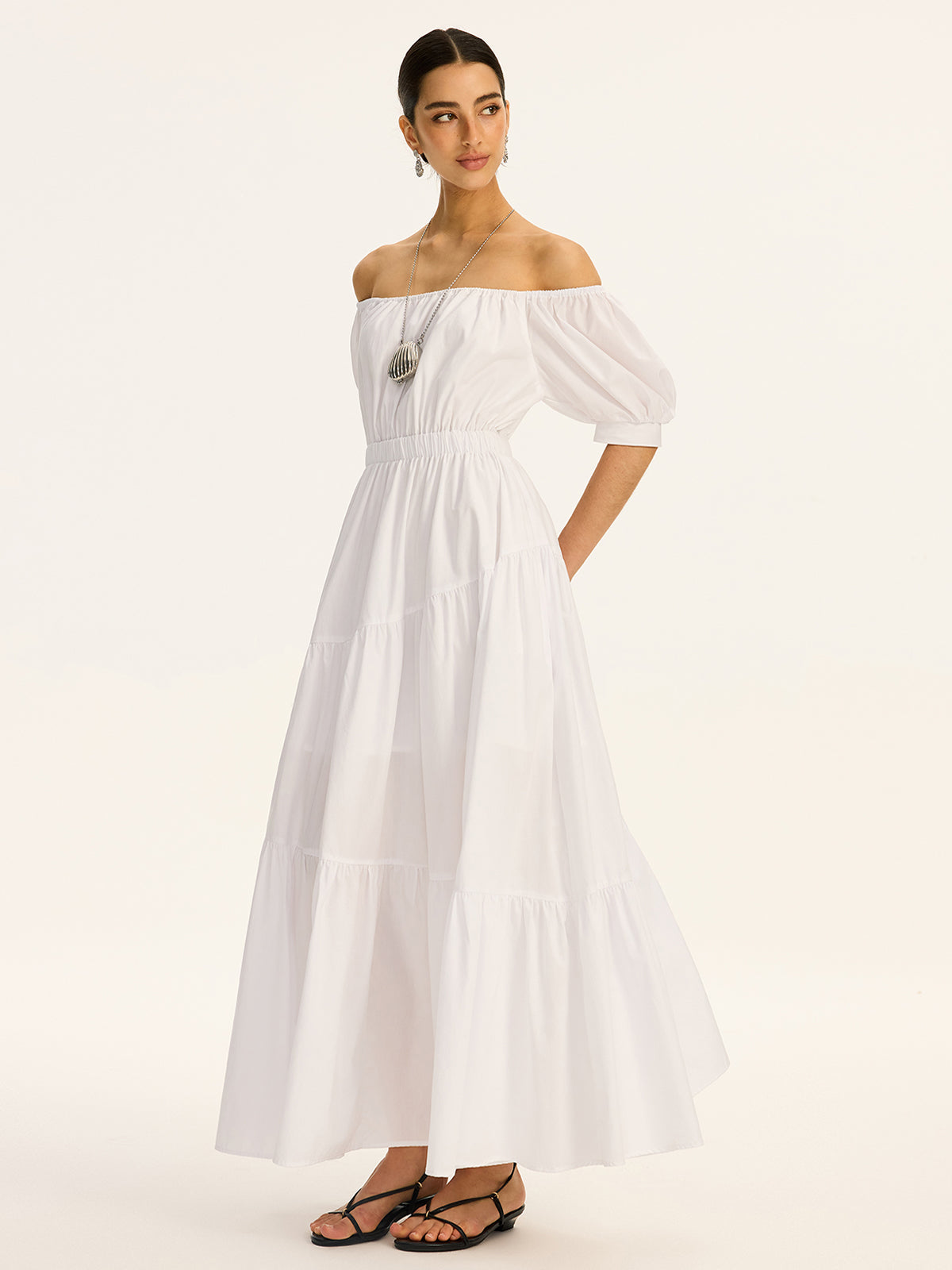 Baumwoll-Maxikleid mit Carmen-Ausschnitt und kurzen Ärmeln