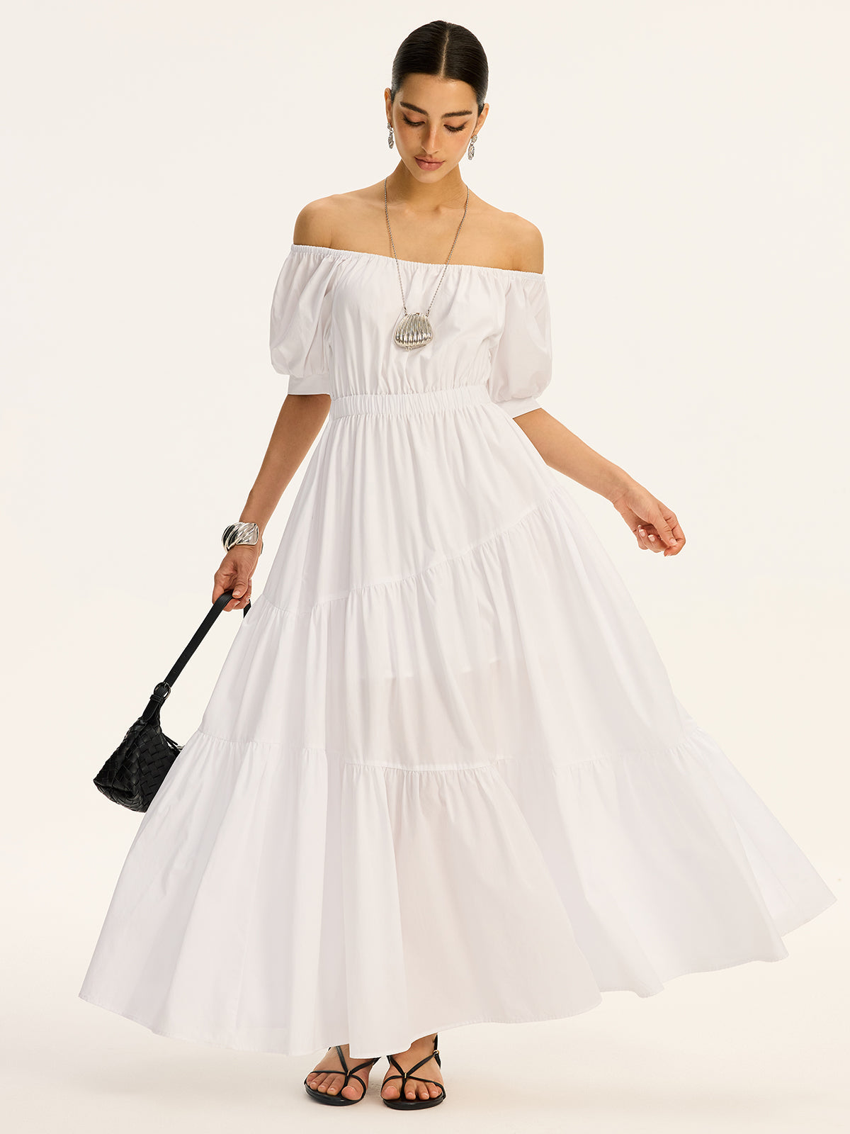 Baumwoll-Maxikleid mit Carmen-Ausschnitt und kurzen Ärmeln