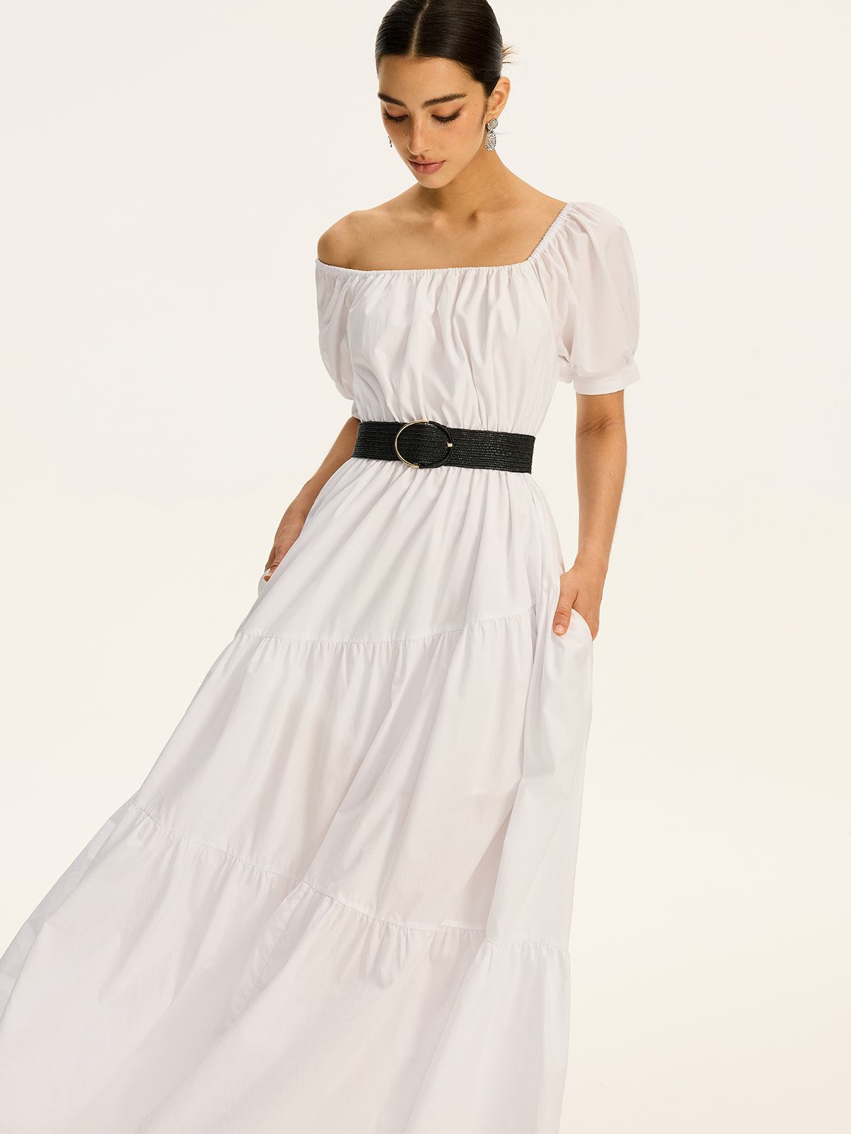 Baumwoll-Maxikleid mit Carmen-Ausschnitt und kurzen Ärmeln