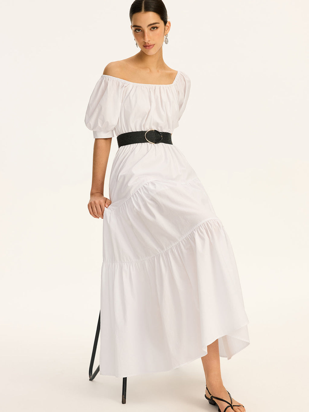 Robe longue en coton à épaules dénudées et manches courtes
