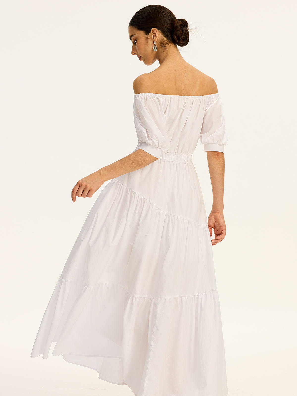 Robe longue en coton à épaules dénudées et manches courtes