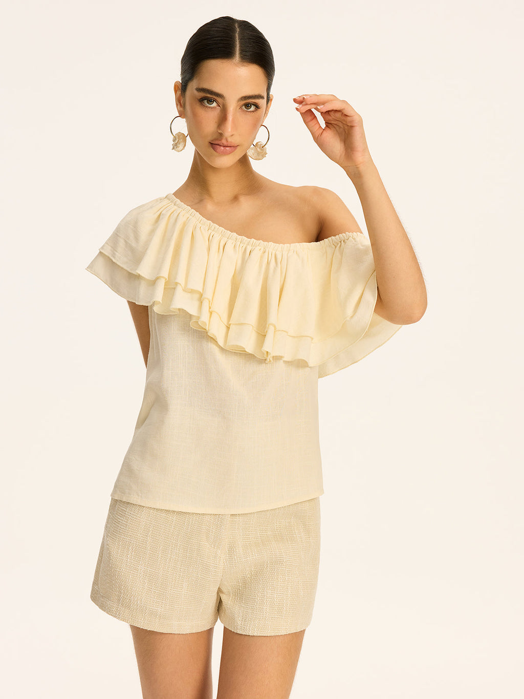 Baumwoll-Leinen One-Shoulder Rüschen-Top