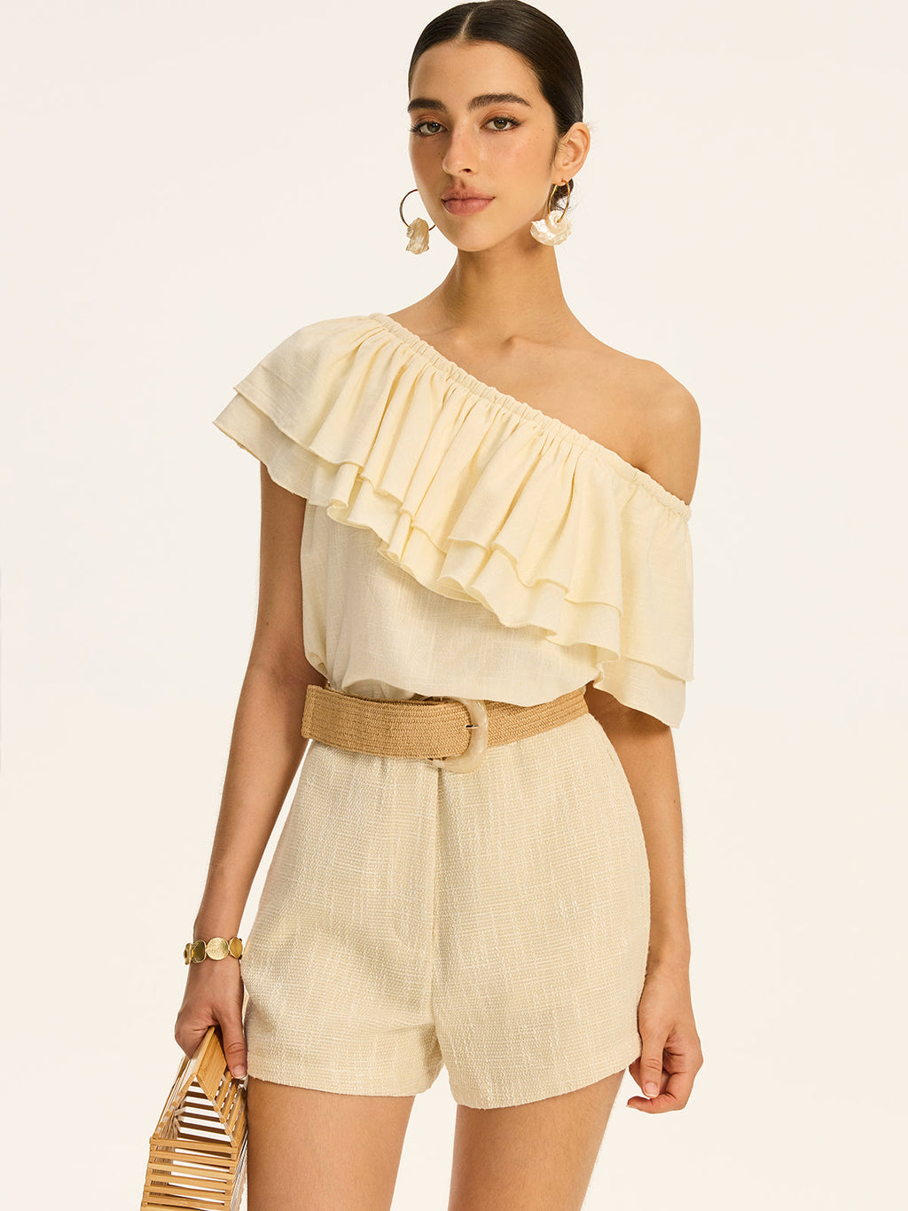 Baumwoll-Leinen One-Shoulder Rüschen-Top