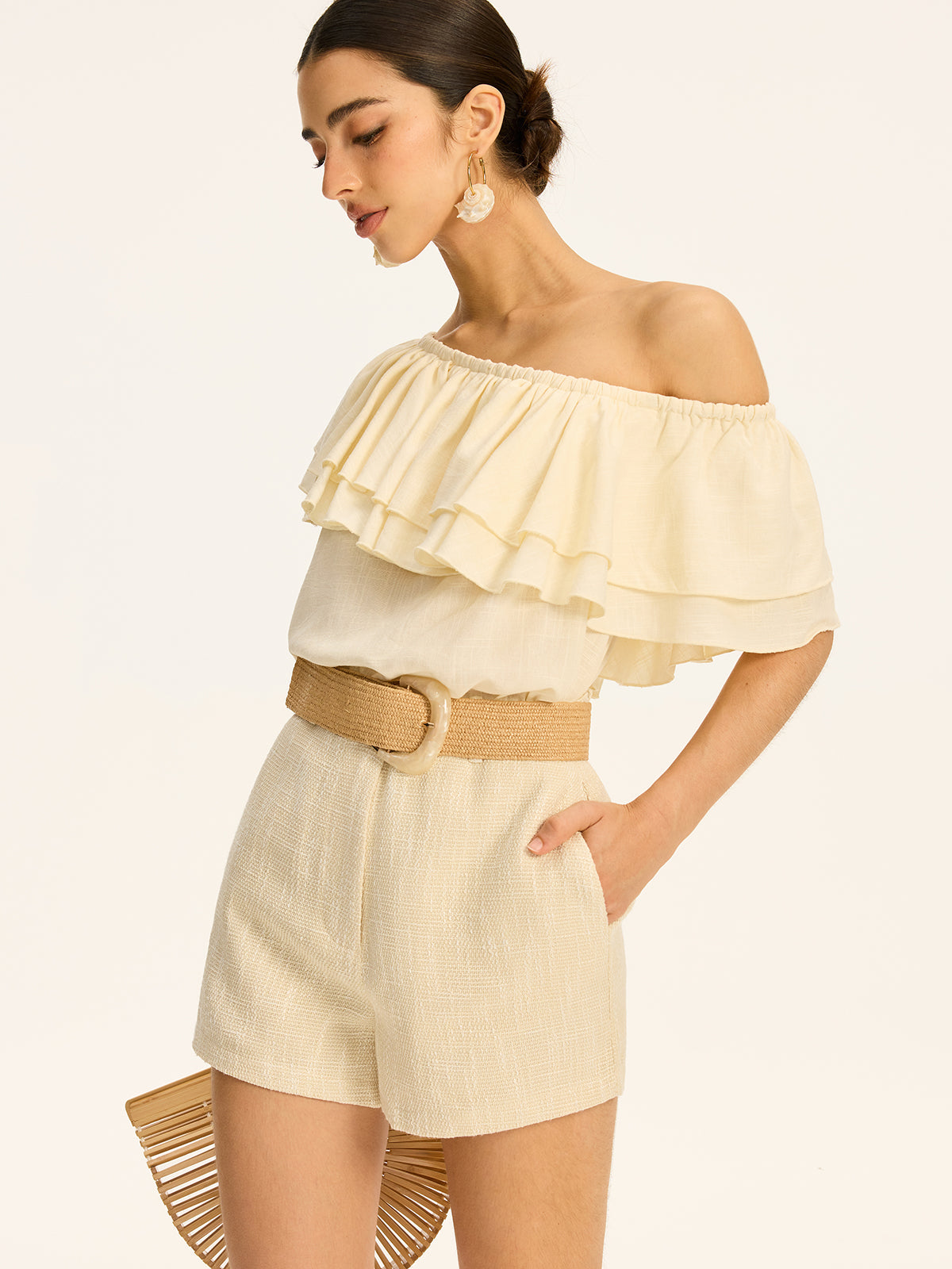 Baumwoll-Leinen One-Shoulder Rüschen-Top