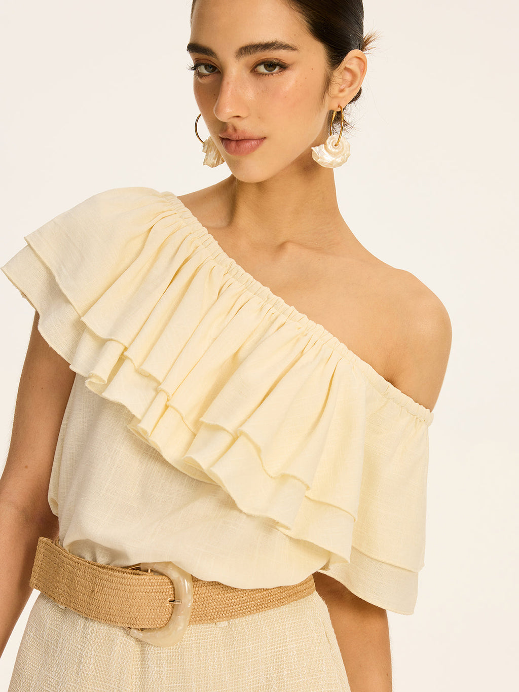 Baumwoll-Leinen One-Shoulder Rüschen-Top