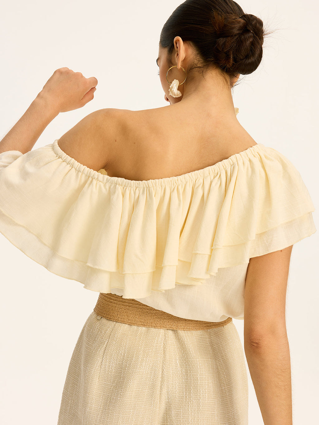 Baumwoll-Leinen One-Shoulder Rüschen-Top