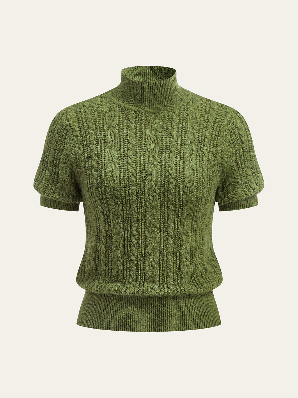 Kurzarm-Pullover mit Zopfmuster und Stehkragen