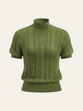 Kurzarm-Pullover mit Zopfmuster und Stehkragen