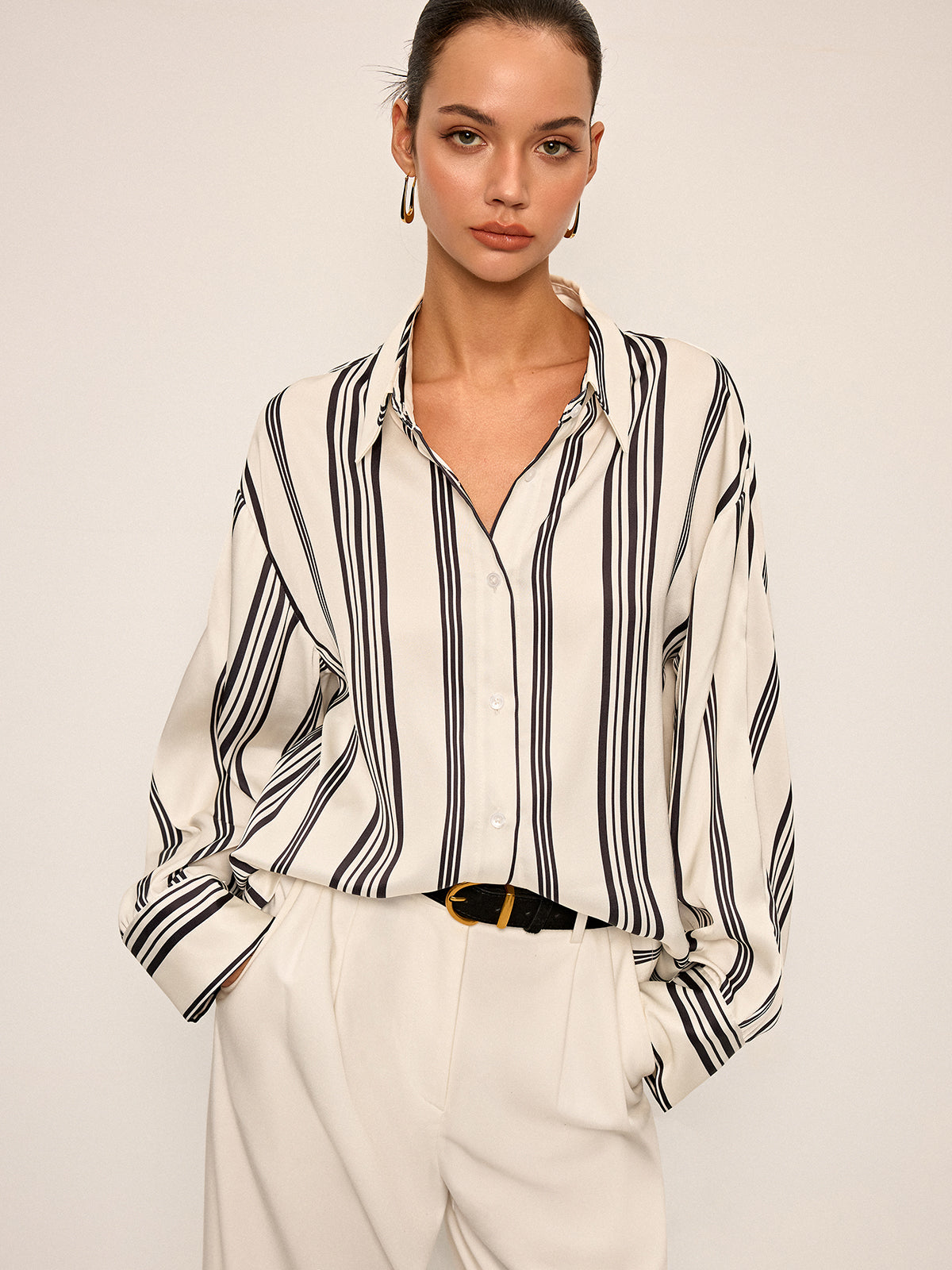 Oversized Satin Striped Shirt with Cut-Out Back Detail