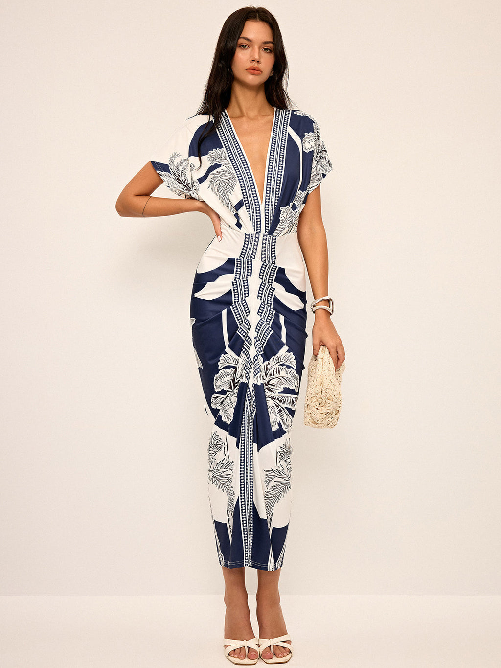 Robe midi imprimée décolleté plongeant sans ceinture