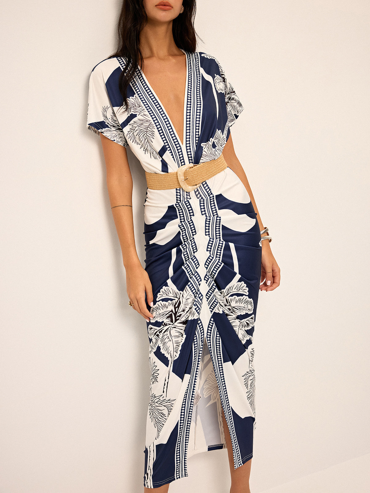 Robe midi imprimée décolleté plongeant sans ceinture