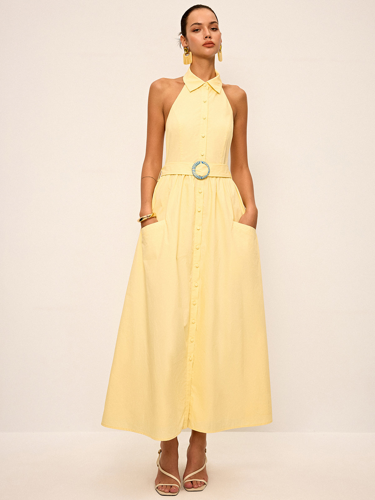 Halter Neck Backless Shirt Dress with Belt