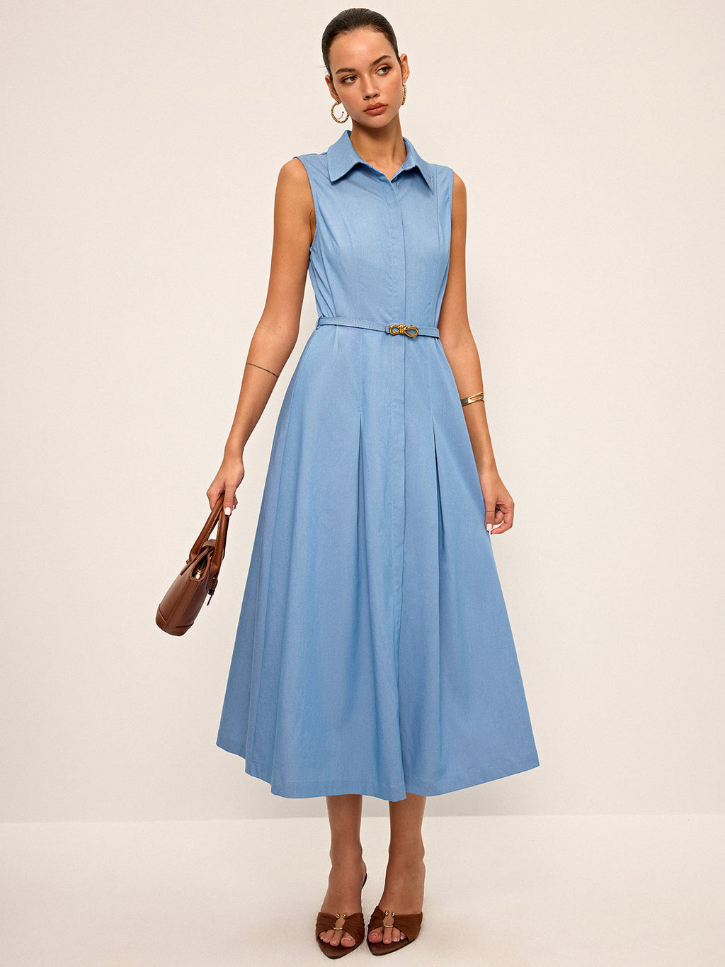 Belted Sleeveless Shirt Midi Dress