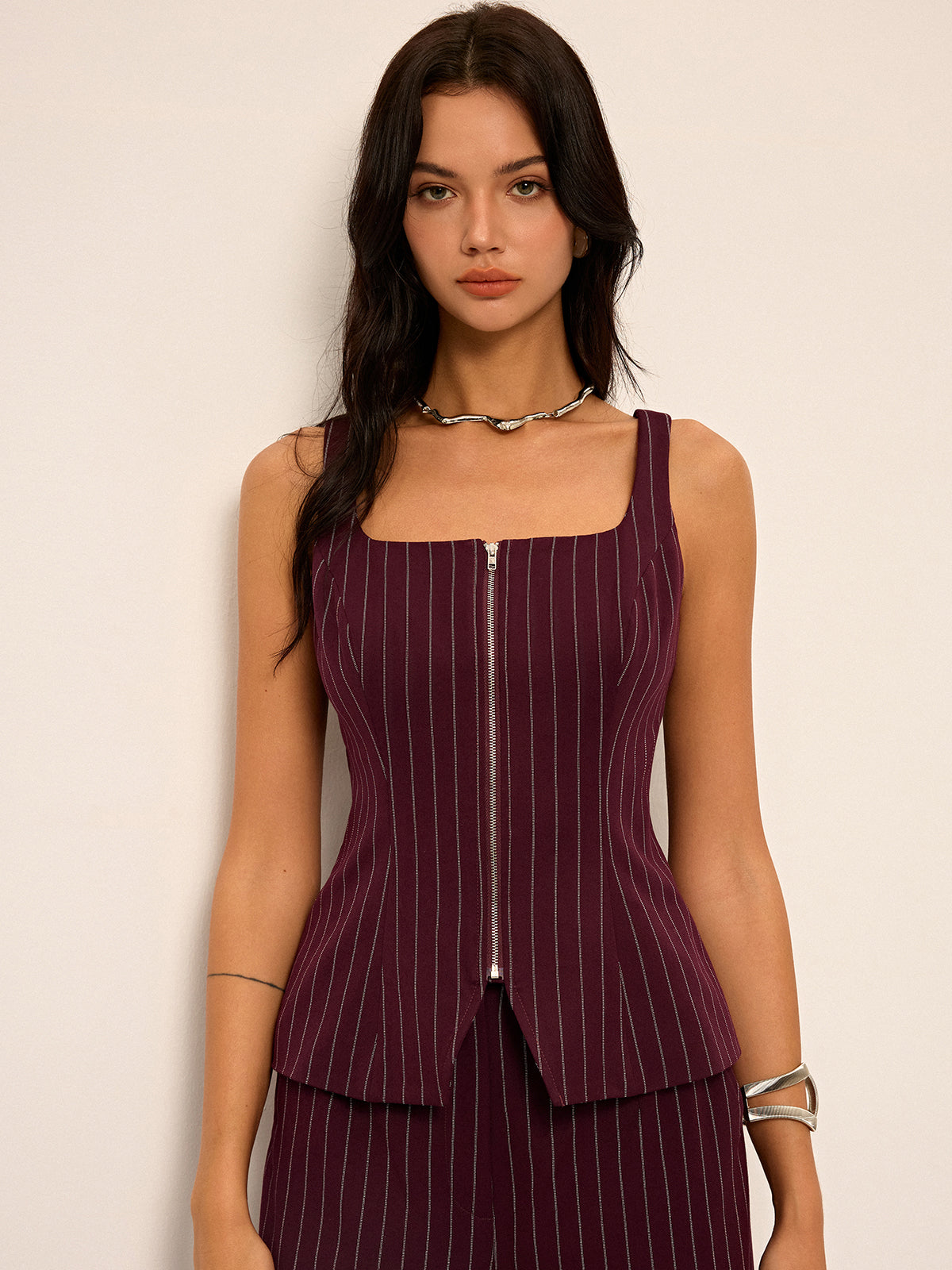 Pinstripe Zipper Vest with Slit