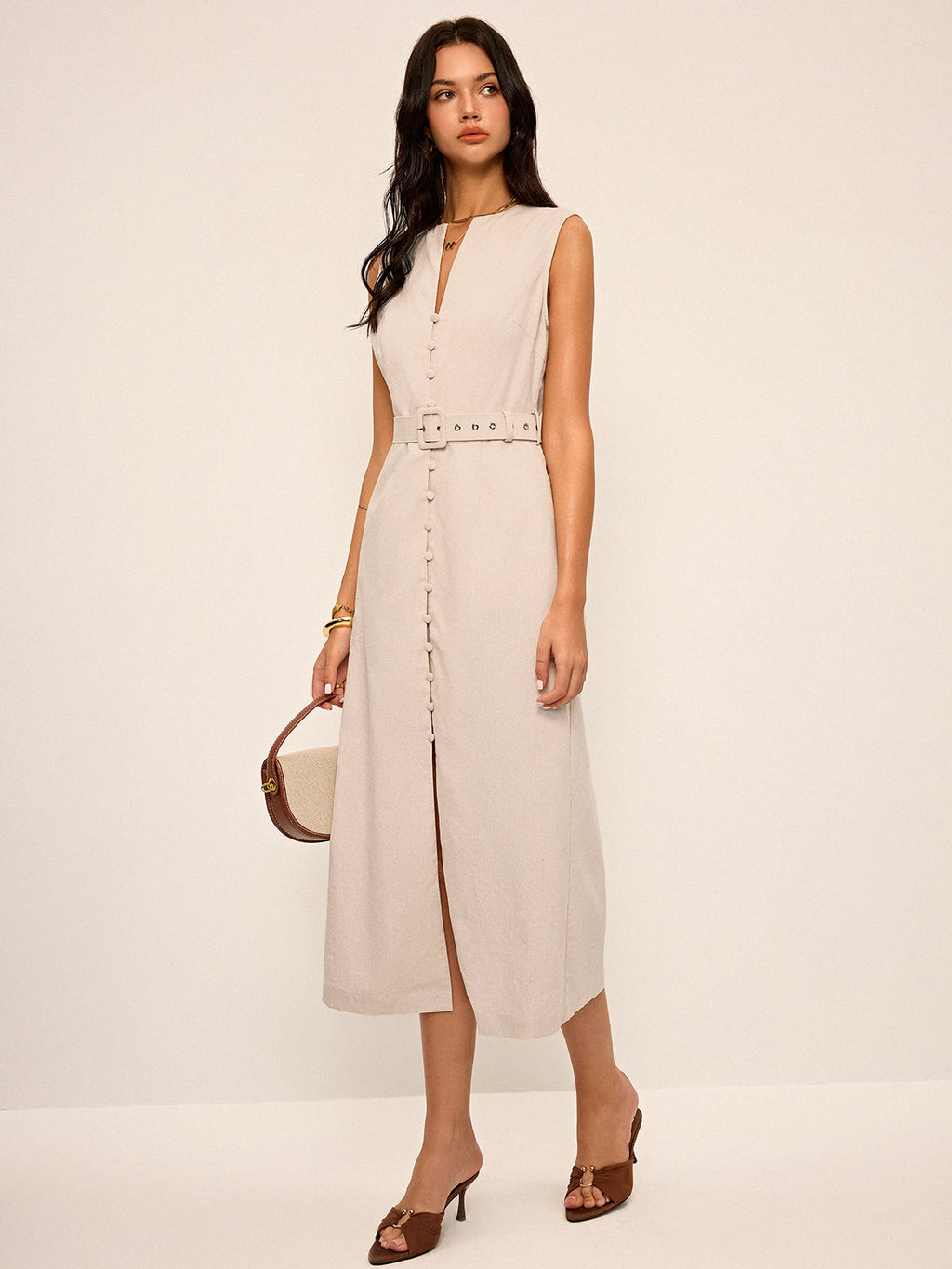 Robe midi ceinturée en coton et lin mélangés à encolure en V