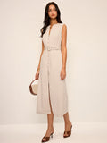 Robe midi ceinturée en coton et lin mélangés à encolure en V