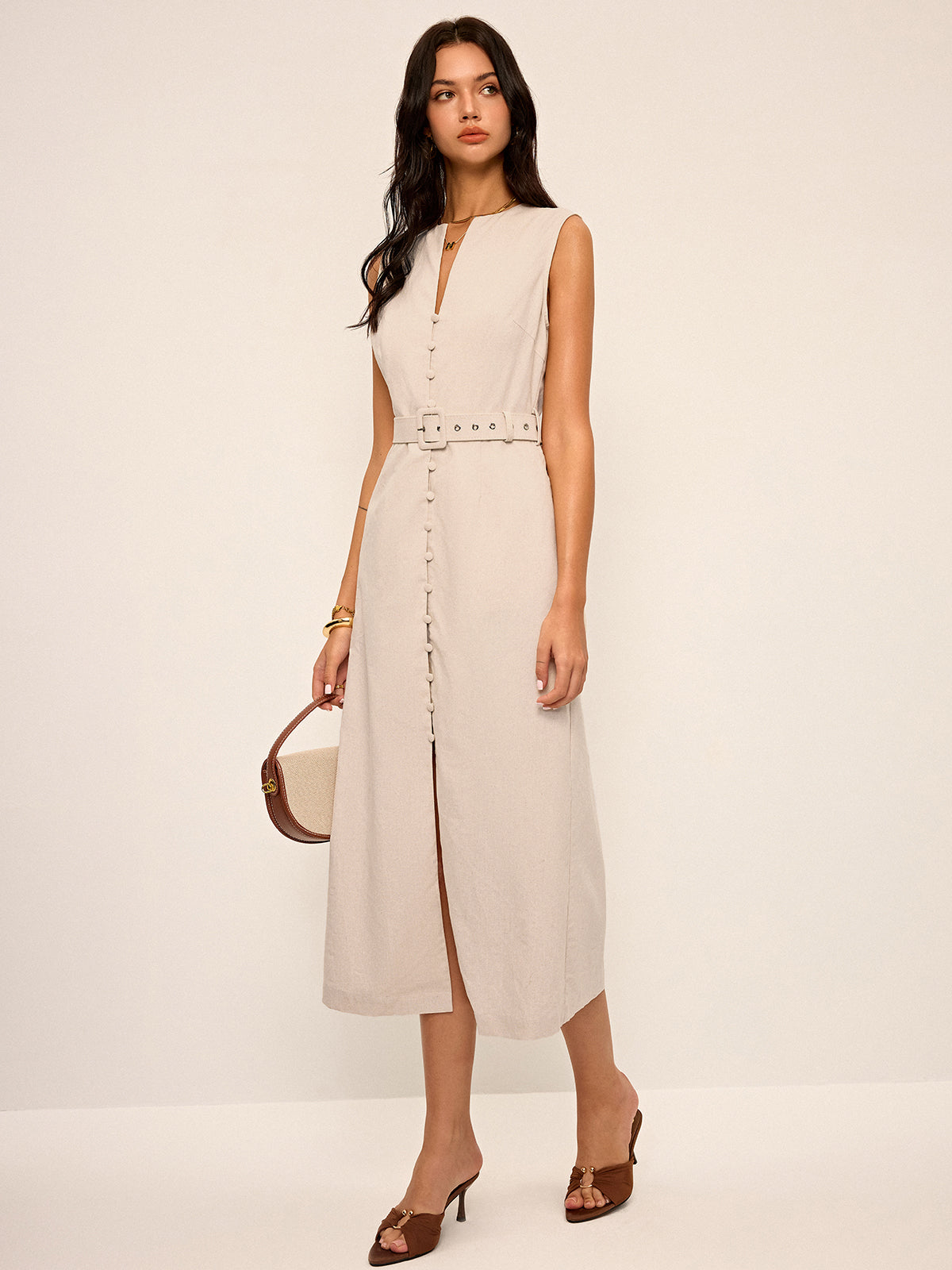 Robe midi ceinturée en coton et lin mélangés à encolure en V