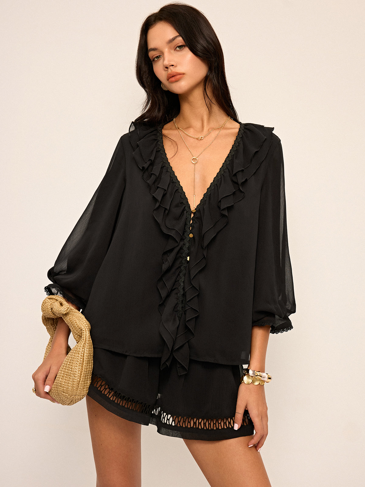 Rüschen-Chiffon-Oberteil und Shorts-Set mit Knöpfen