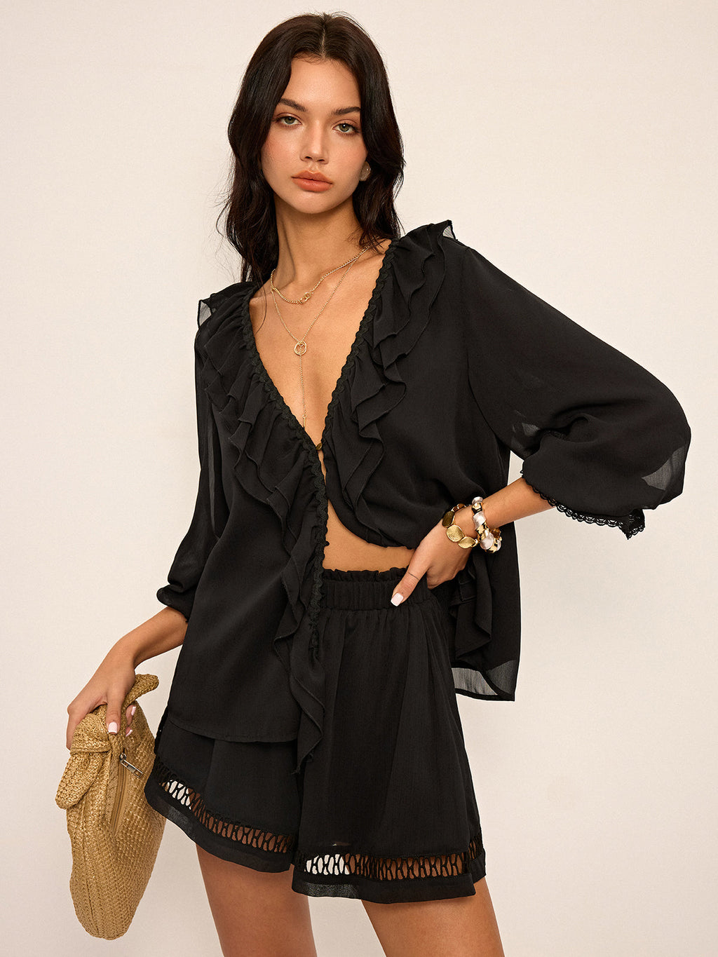 Rüschen-Chiffon-Oberteil und Shorts-Set mit Knöpfen