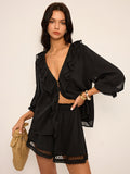 Rüschen-Chiffon-Oberteil und Shorts-Set mit Knöpfen