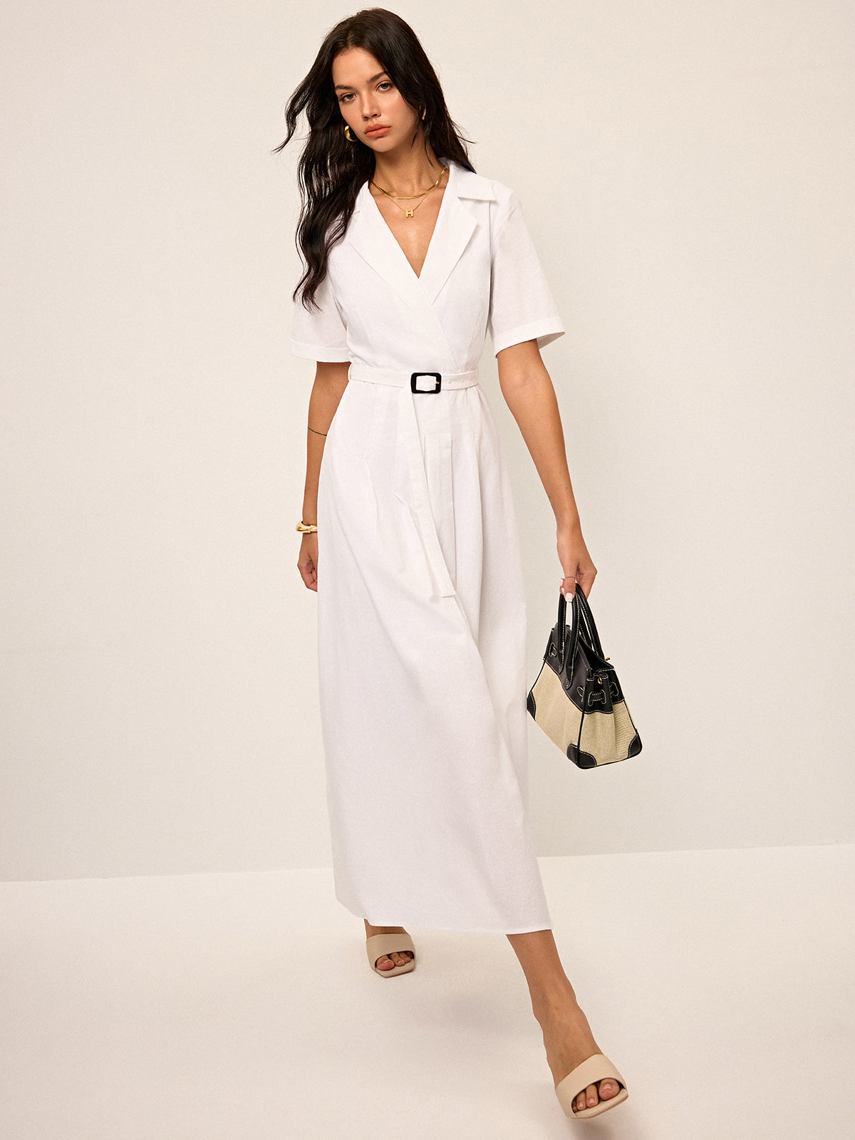 Robe chemise plissée ceinturée en lin et mélange