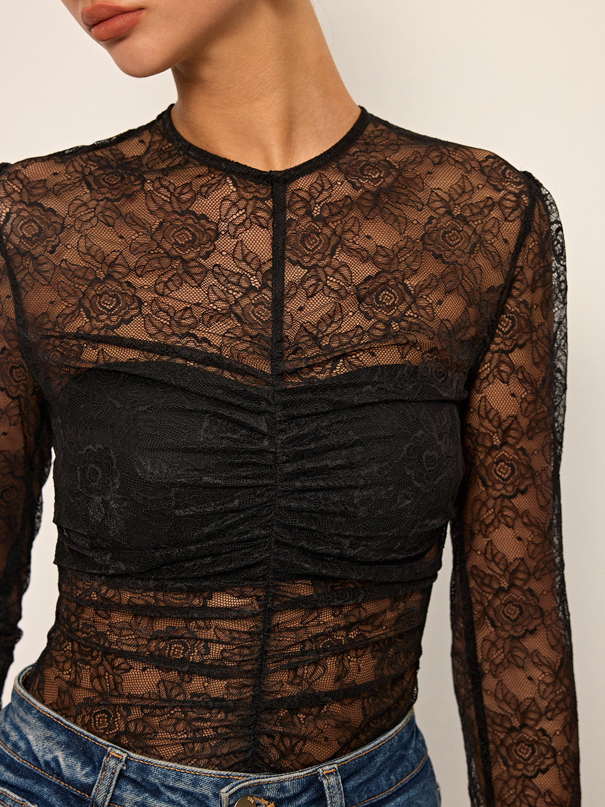 Semi-Sheer Lace Ruched Long Sleeve Top